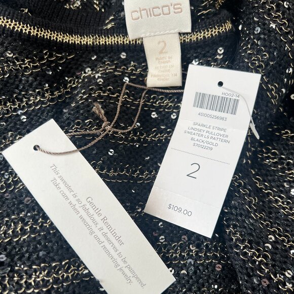 NWT Chico’s Black Gold Sparkle Stripe Lindsey Pullover Sweater Large Reg. $109 - Picture 6 of 9